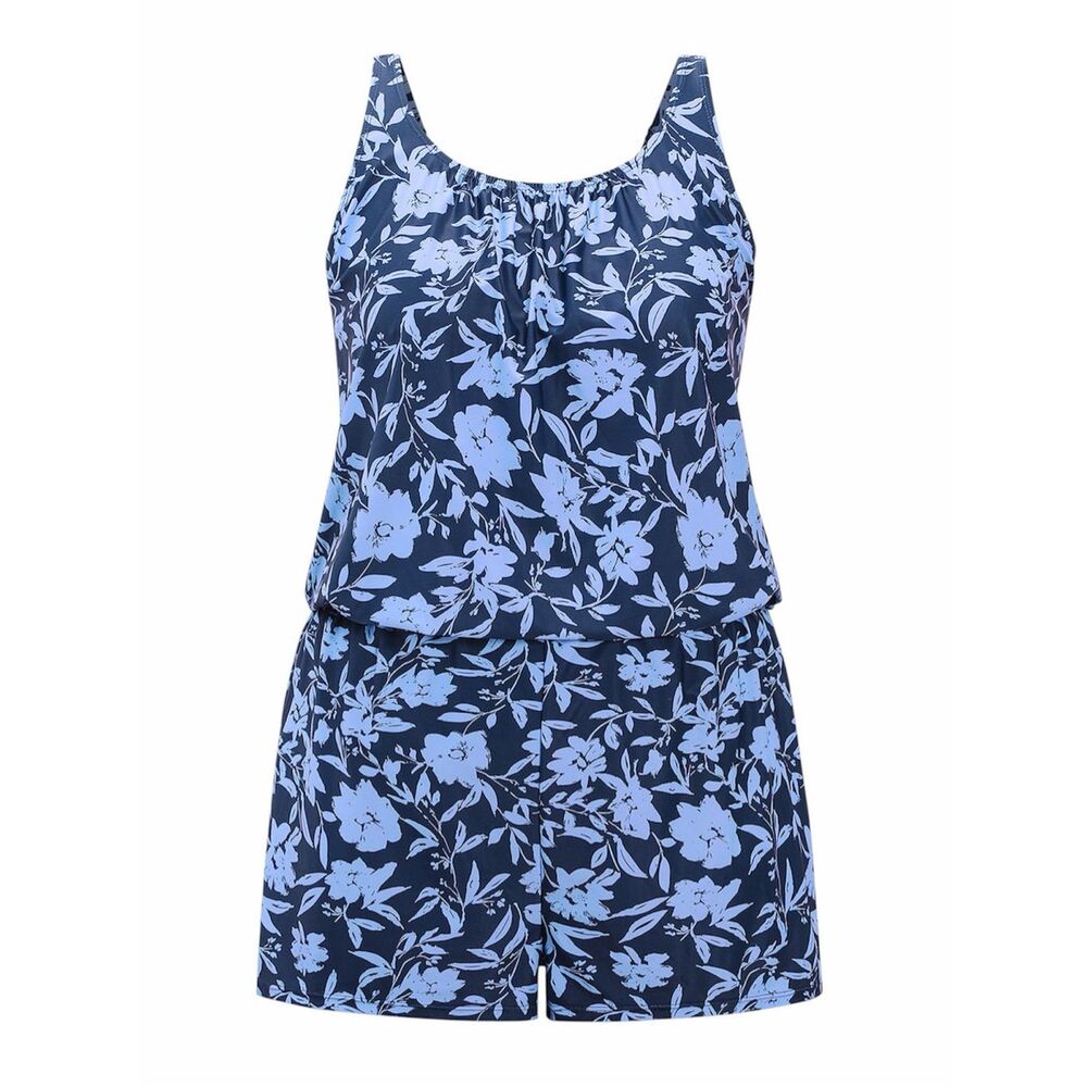 Bloomchic Swim Romper Tropical Floral Navy/Blue with Pockets Sz 10 NWT